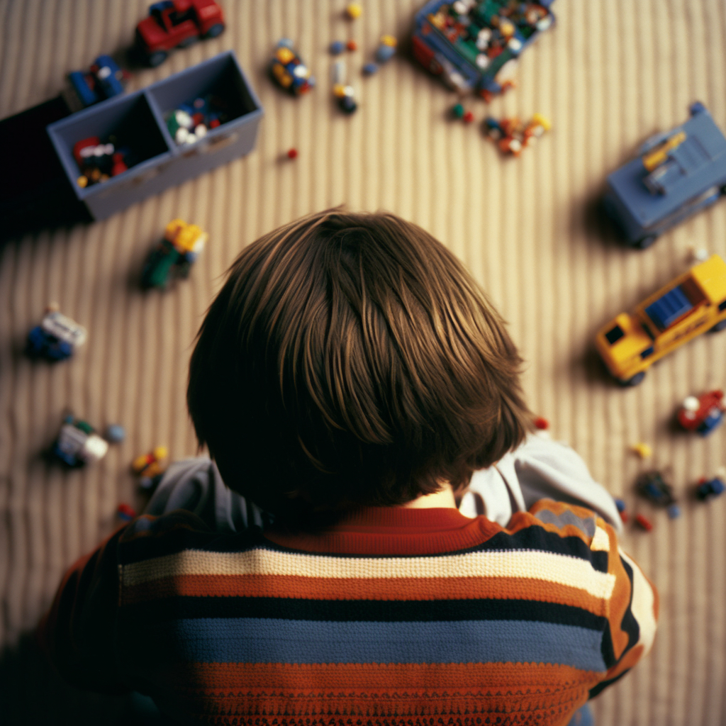 A young boy playing with Lego bricks in his room