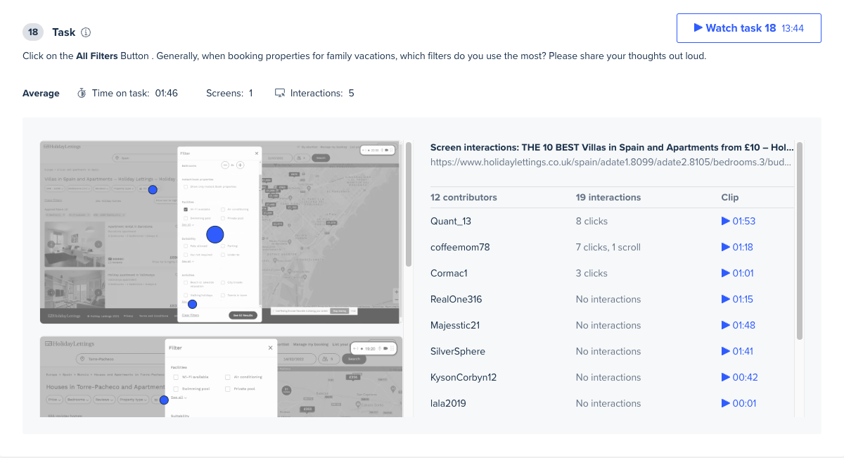 Participant click-map for filters menu