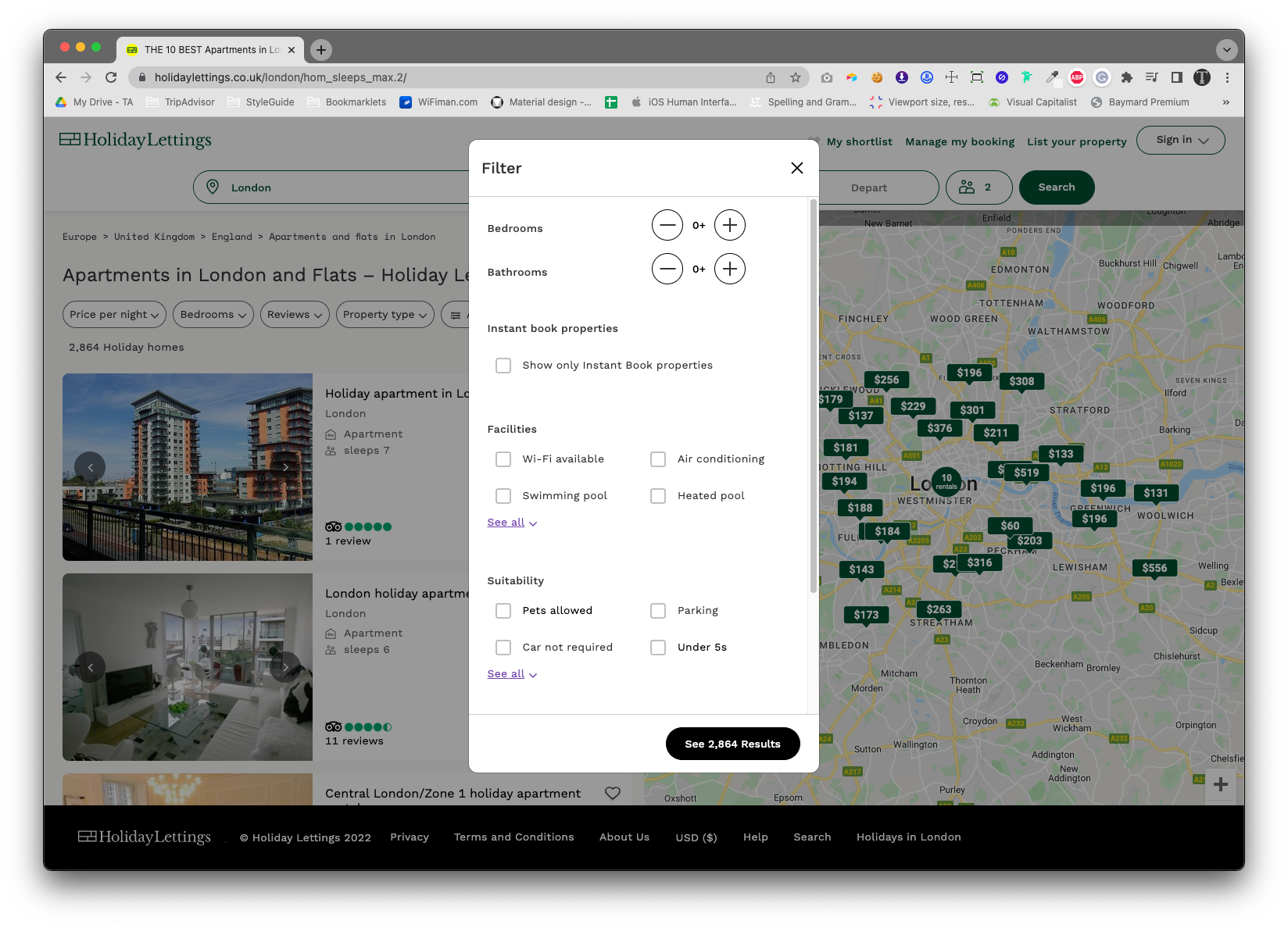 Holiday Lettings filter modal